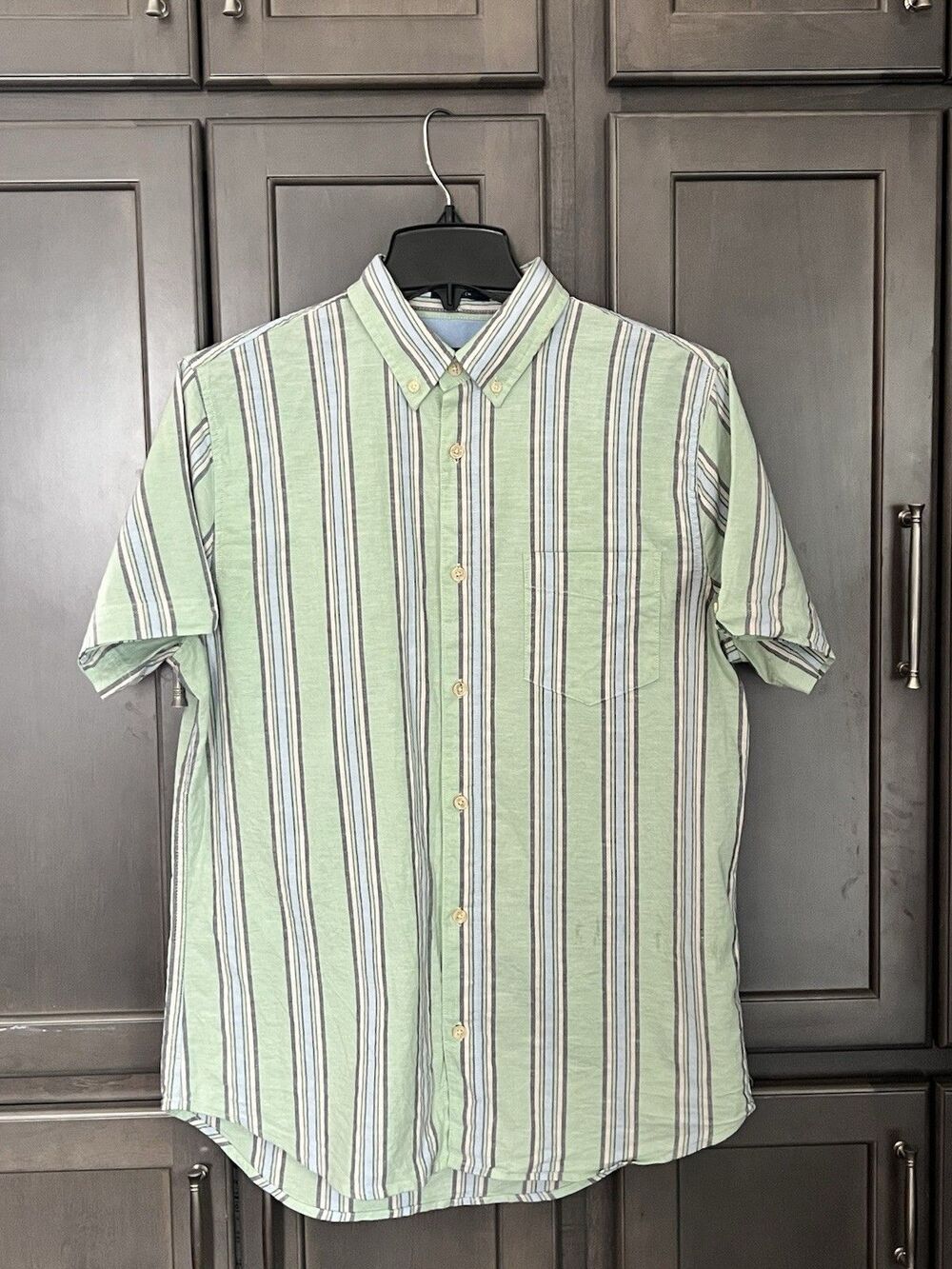 Ben Sherman Green Vertical Striped Stretch Short-Sleeve Button-Up Men's Medium